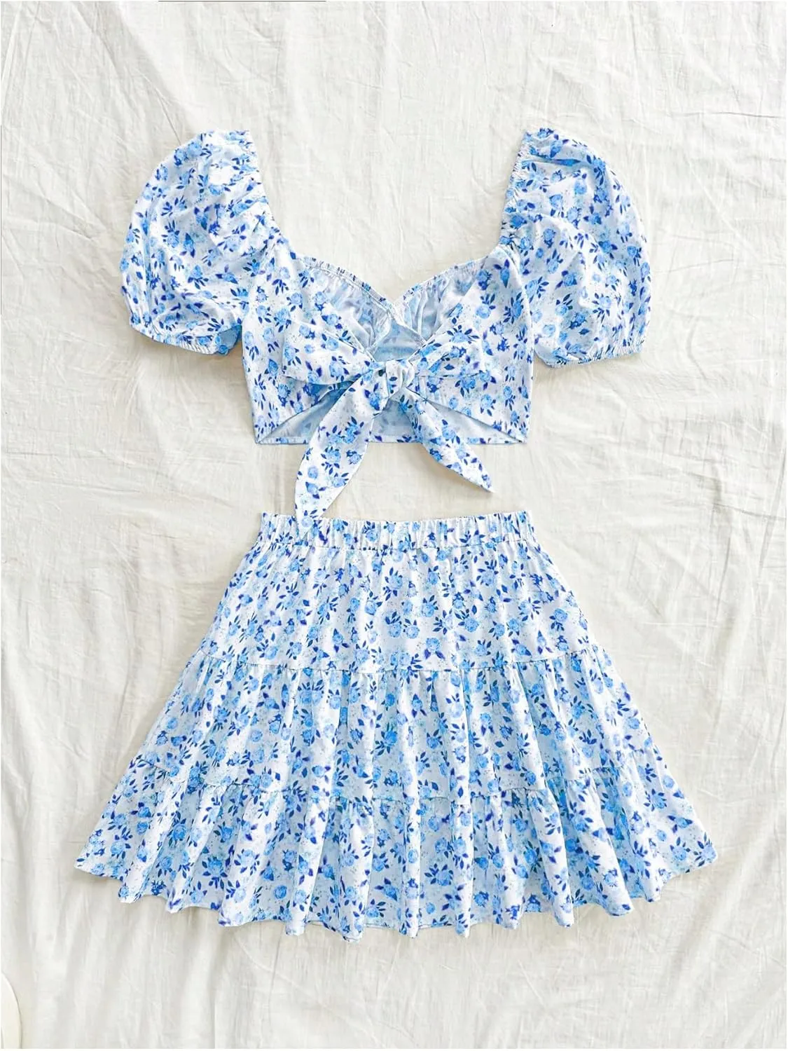 Floerns Women's 2 Piece Outfit Floral Ruched Bust Crop Top Layered Ruffle A Line Skirt Set