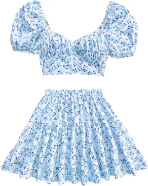 Floerns Women's 2 Piece Outfit Floral Ruched Bust Crop Top Layered Ruffle A Line Skirt Set
