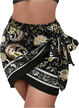 Floerns Women's Paisley Floral Print Wrap Skirt Knot Side High Waisted Mini Skirts