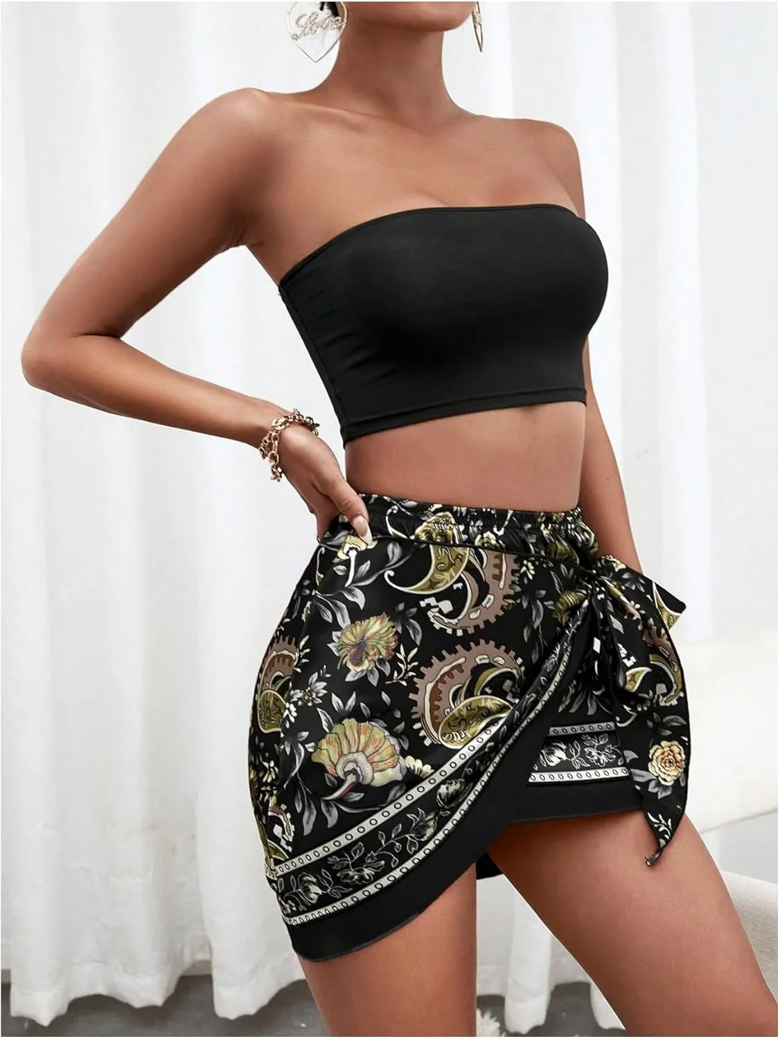 Floerns Women's Paisley Floral Print Wrap Skirt Knot Side High Waisted Mini Skirts