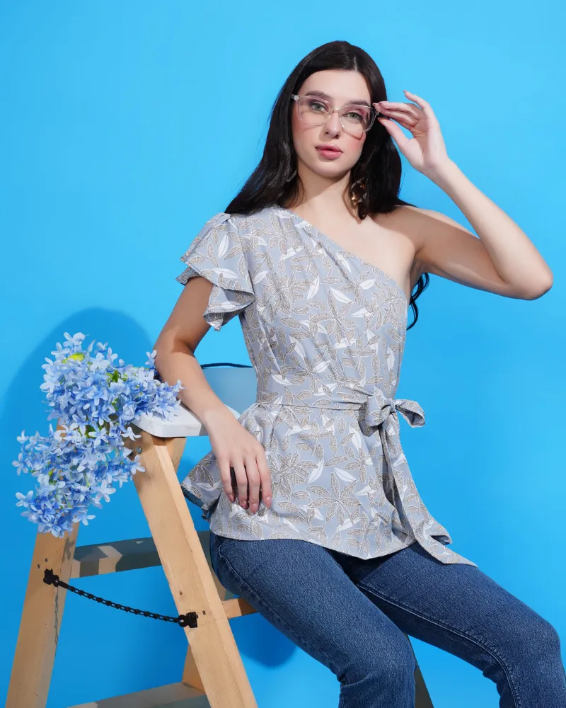Floral elegance one-Shoulder grey top