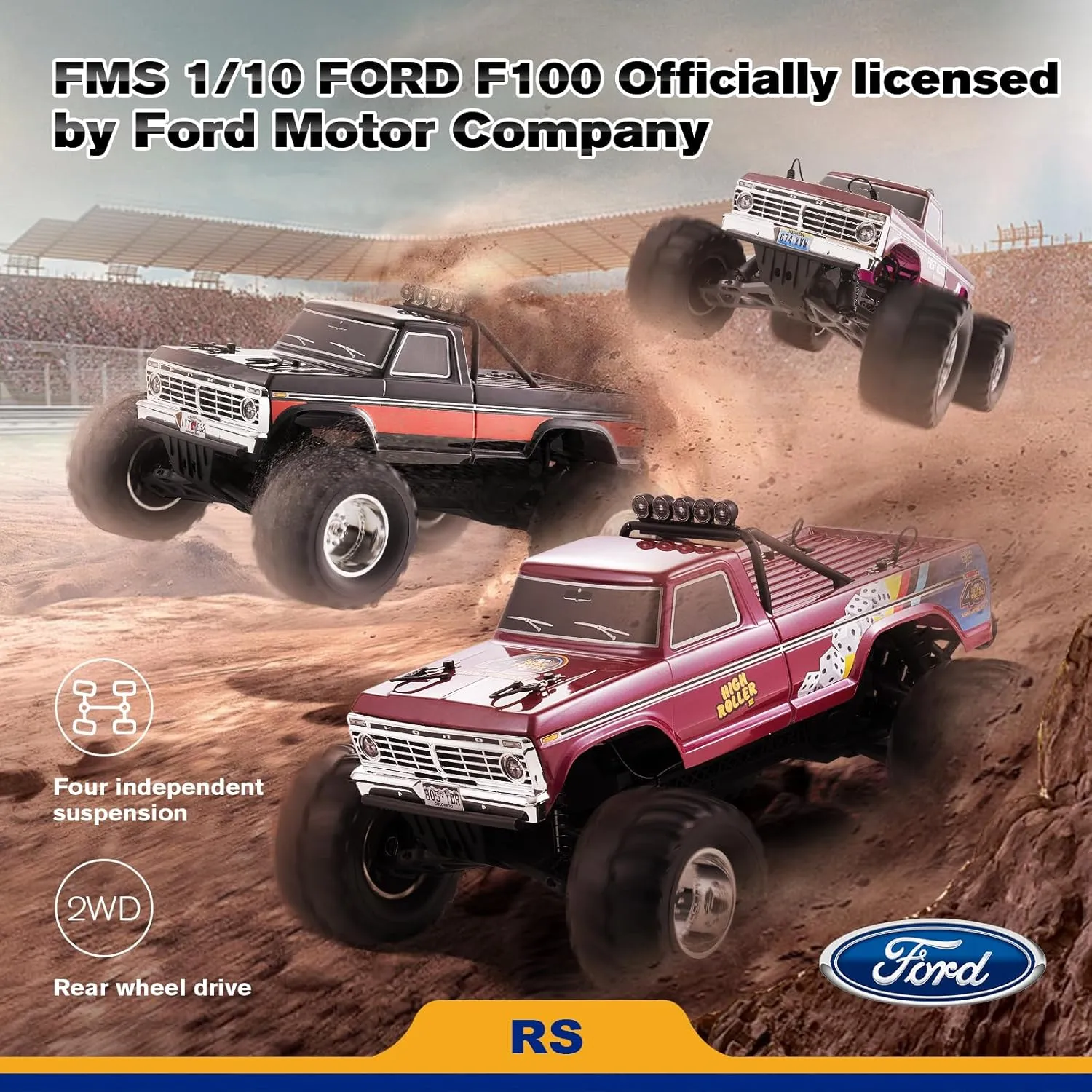 FMS 1/10 RC Truck Ford F100 – 2WD Monster Truck with Licensed Body, 550 Brushed Motor, Oil Shocks, Independent Suspension – All-Terrain RC Crawler, High Speed Off-Road RC Car for gift (HIGH ROLLER RS)
