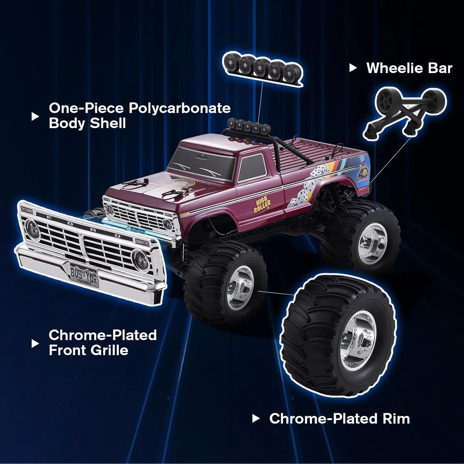 FMS 1/10 RC Truck Ford F100 – 2WD Monster Truck with Licensed Body, 550 Brushed Motor, Oil Shocks, Independent Suspension – All-Terrain RC Crawler, High Speed Off-Road RC Car for gift (HIGH ROLLER RS)