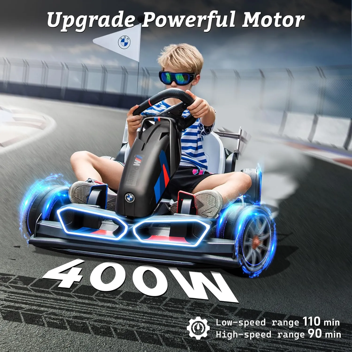 FORESEE 36V Licensed BMW Kids Electric Go Kart, Battery Powered Drift Kart w/Adjustable Seat, Ride On Toy for Big Kids Ages 6 , 8.6MPH Racing Go Cart w/400W Motor, LED Lights & Safety Belt, Black
