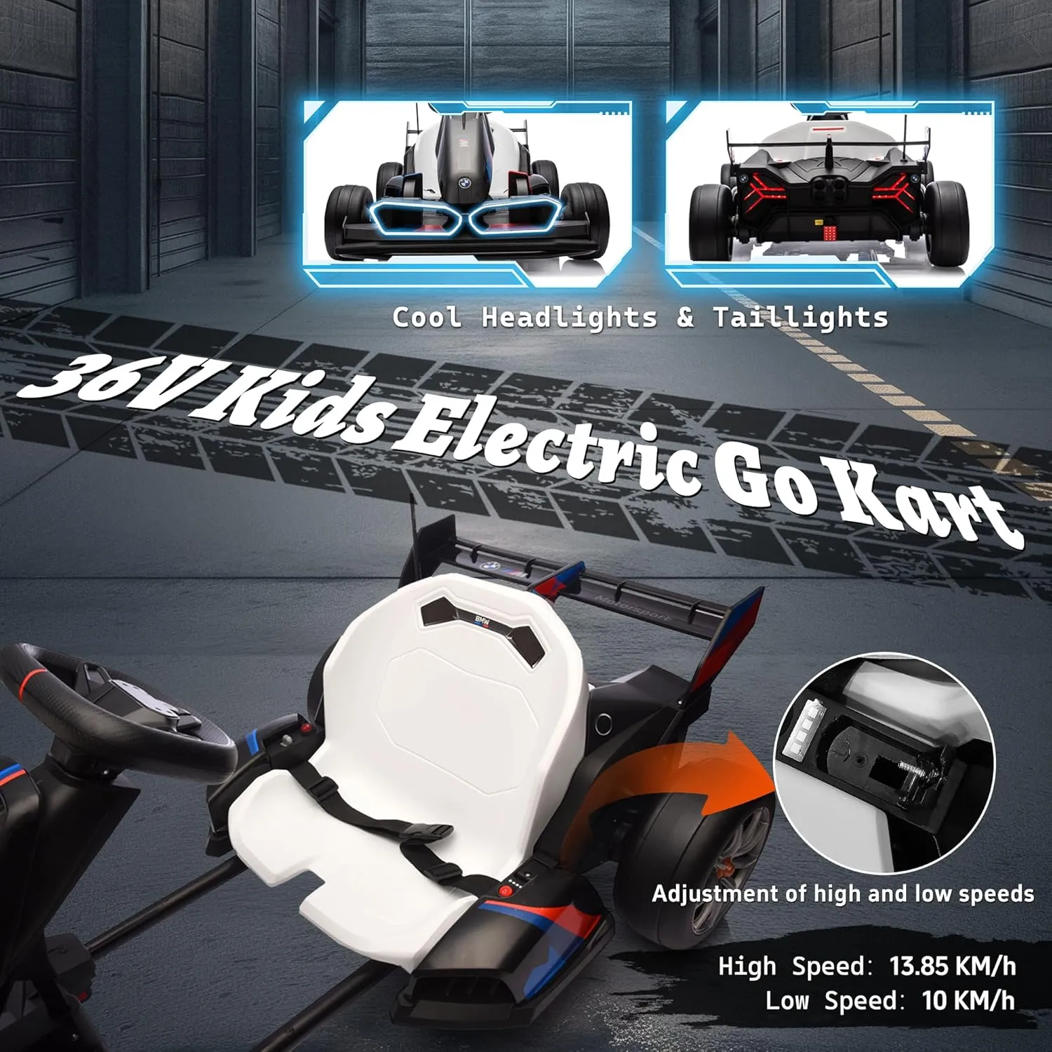 FORESEE 36V Licensed BMW Kids Electric Go Kart, Battery Powered Drift Kart w/Adjustable Seat, Ride On Toy for Big Kids Ages 6 , 8.6MPH Racing Go Cart w/400W Motor, LED Lights & Safety Belt, Black