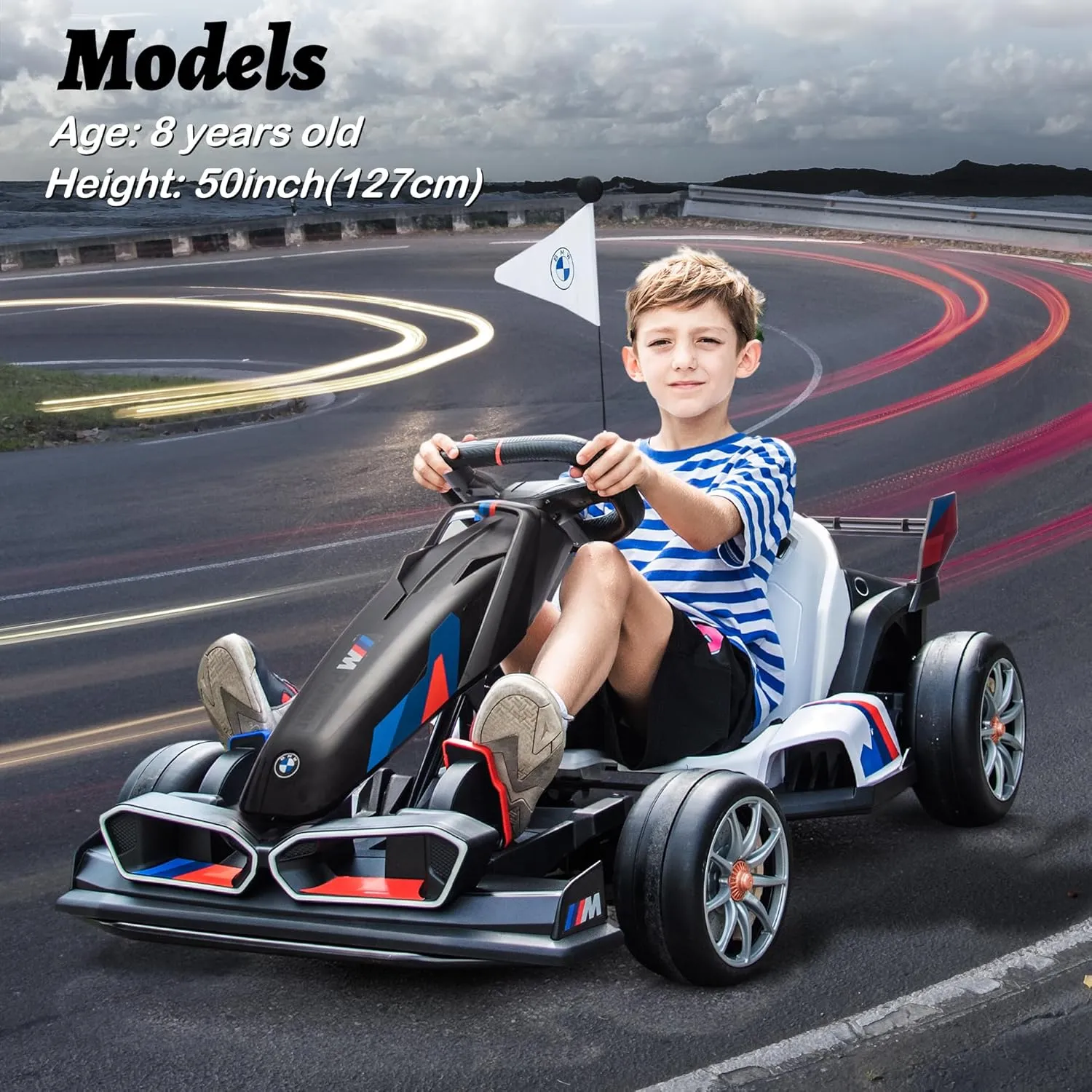 FORESEE 36V Licensed BMW Kids Electric Go Kart, Battery Powered Drift Kart w/Adjustable Seat, Ride On Toy for Big Kids Ages 6 , 8.6MPH Racing Go Cart w/400W Motor, LED Lights & Safety Belt, Black