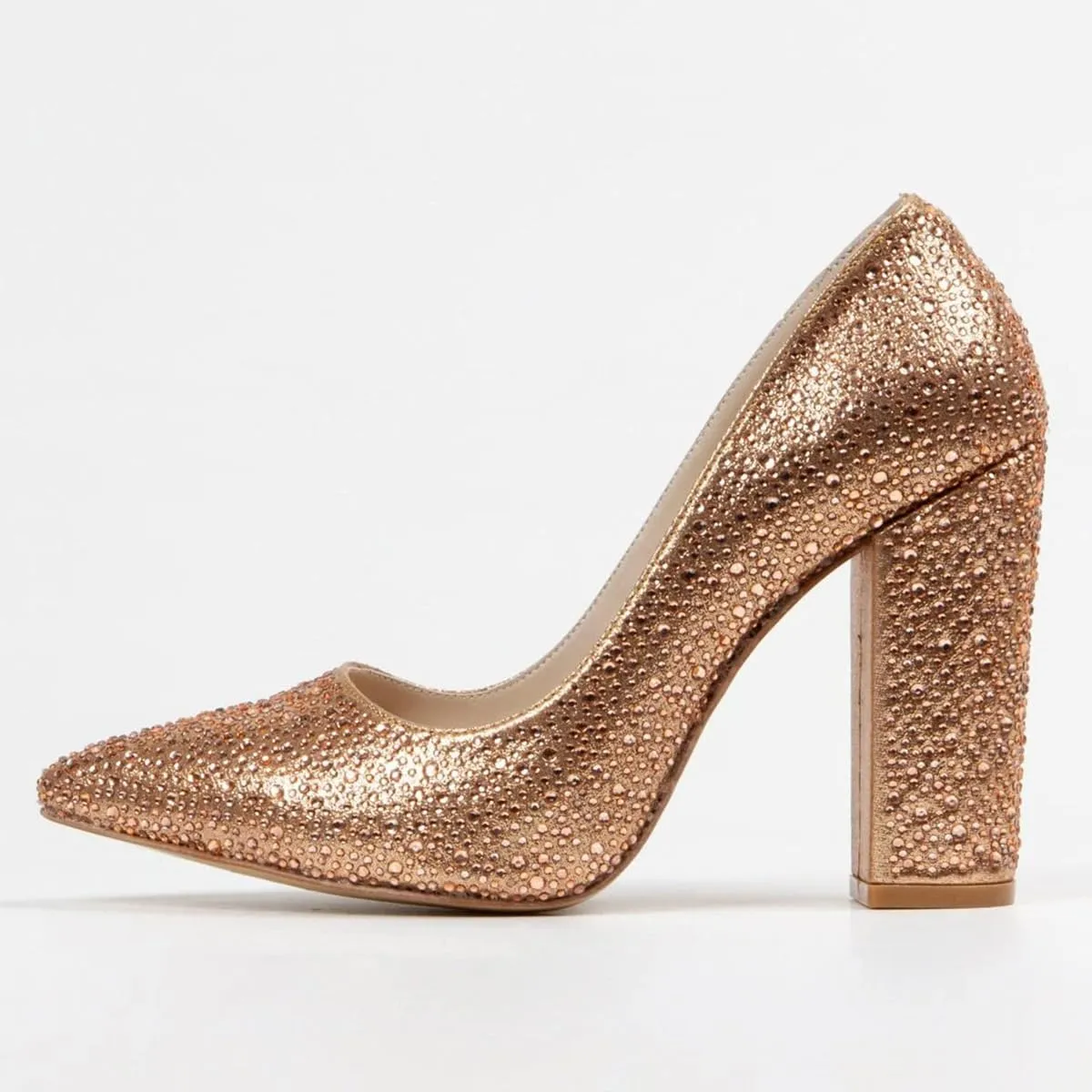 FSJ Women Luxury Pearl Studded Pointed Toe Pumps Chunky Block High Heel Sparkly Rhinestone Embellished Slip On Wedding Party Formal Event Shoes Size 4-16 US