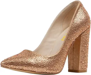 FSJ Women Luxury Pearl Studded Pointed Toe Pumps Chunky Block High Heel Sparkly Rhinestone Embellished Slip On Wedding Party Formal Event Shoes Size 4-16 US