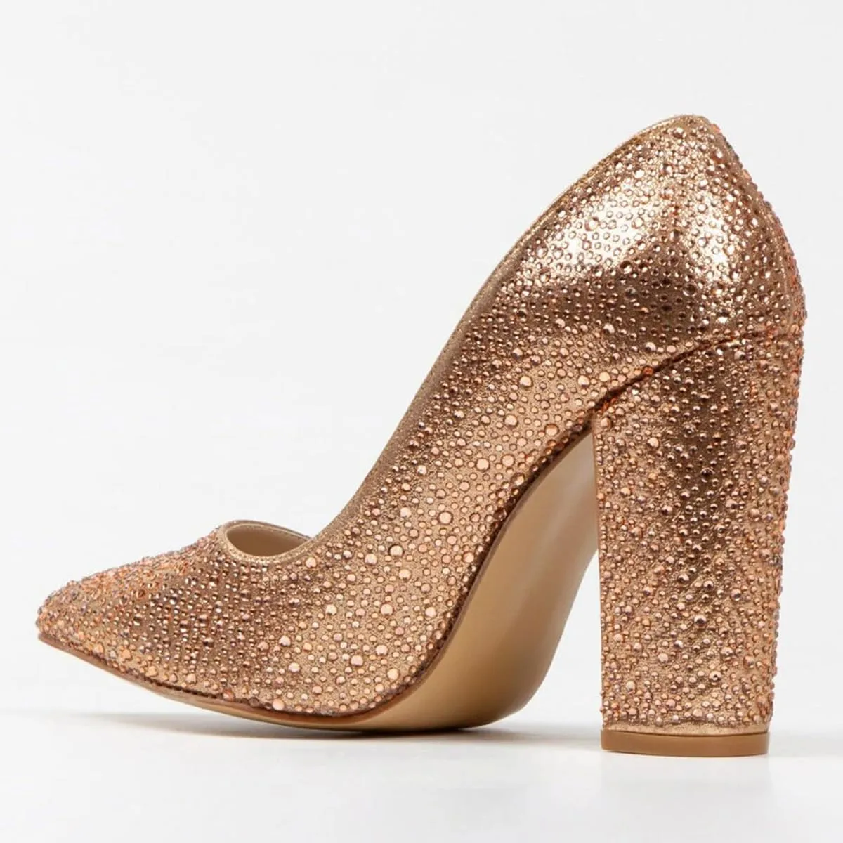 FSJ Women Luxury Pearl Studded Pointed Toe Pumps Chunky Block High Heel Sparkly Rhinestone Embellished Slip On Wedding Party Formal Event Shoes Size 4-16 US