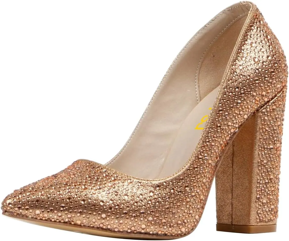 FSJ Women Luxury Pearl Studded Pointed Toe Pumps Chunky Block High Heel Sparkly Rhinestone Embellished Slip On Wedding Party Formal Event Shoes Size 4-16 US