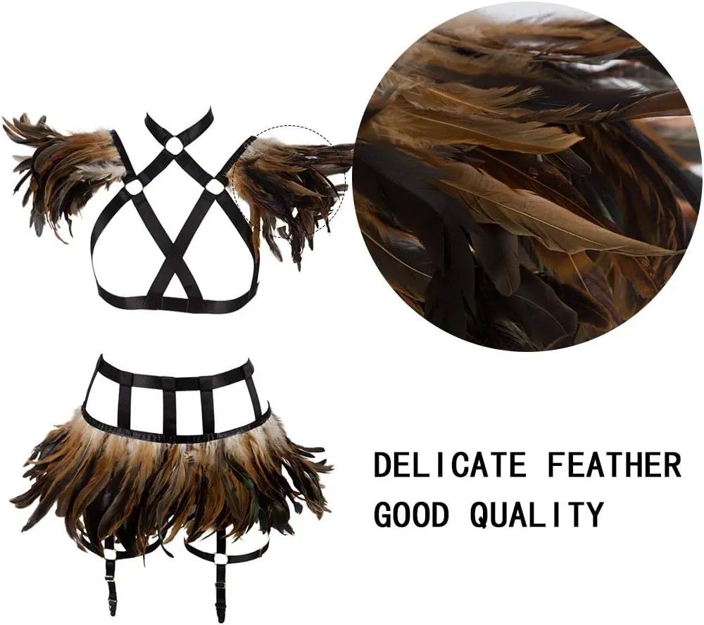 Full Body Harness for Women Feathers Epaulets Lingerie cage Set Gothic Punk Garter Belt Halloween Burning Man