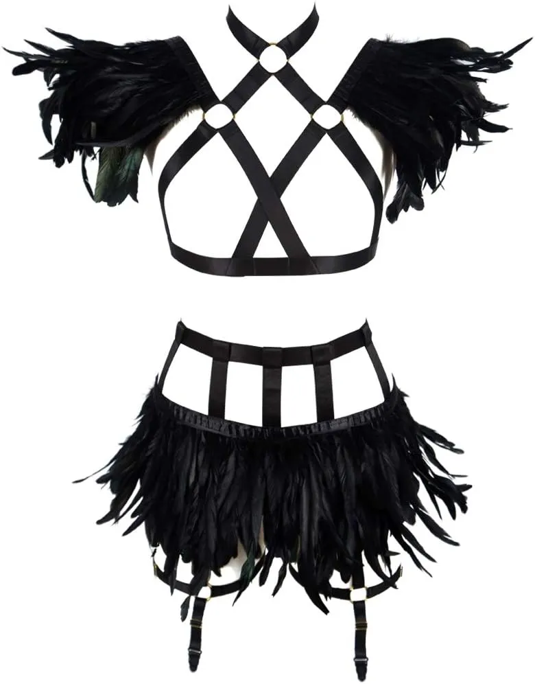 Full Body Harness for Women Feathers Epaulets Lingerie cage Set Gothic Punk Garter Belt Halloween Burning Man