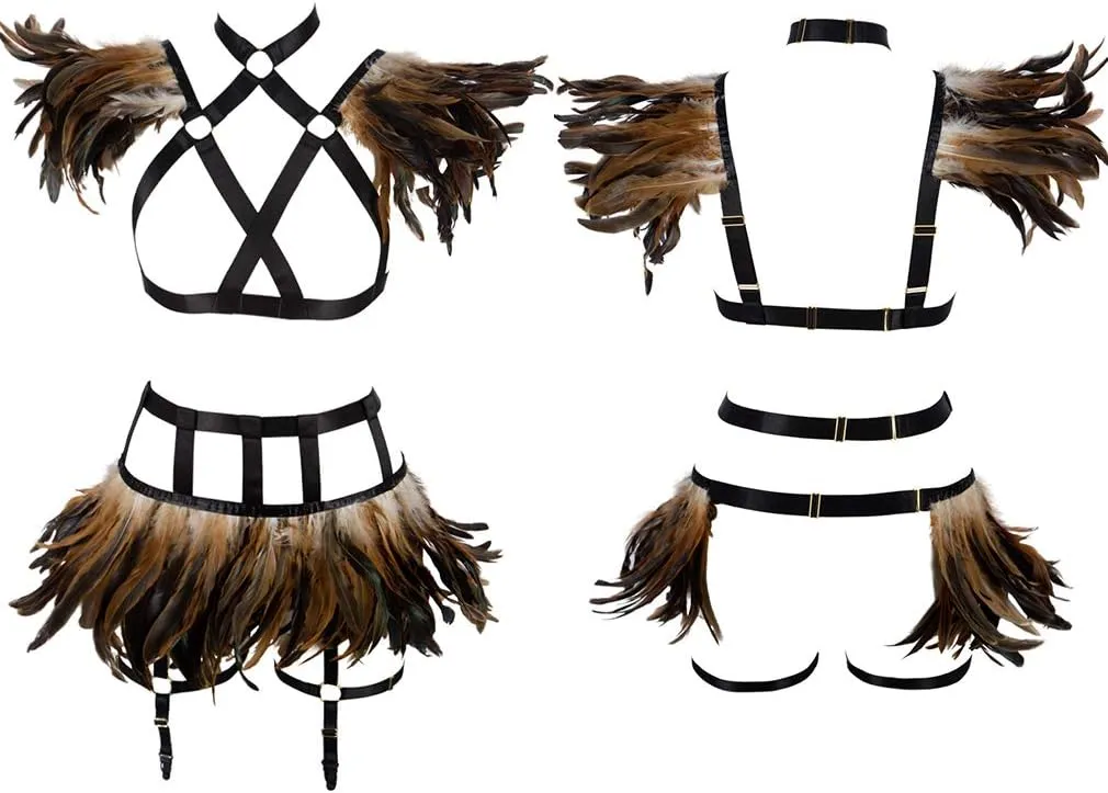 Full Body Harness for Women Feathers Epaulets Lingerie cage Set Gothic Punk Garter Belt Halloween Burning Man