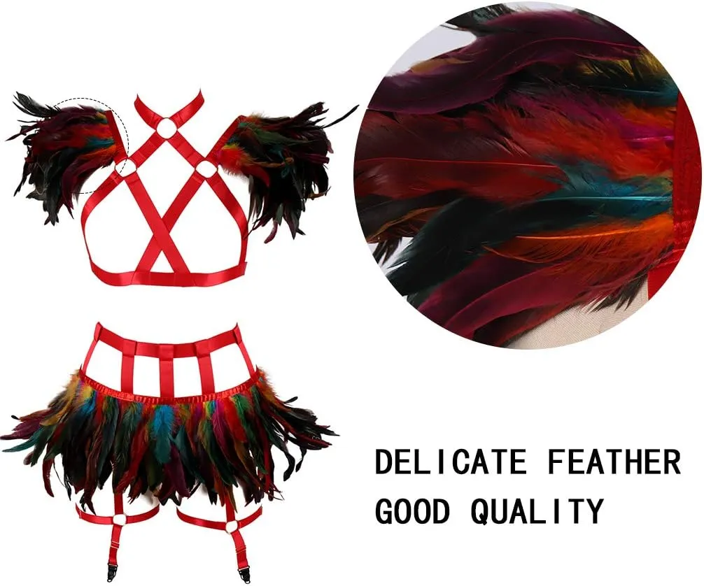 Full Body Harness for Women Feathers Epaulets Lingerie cage Set Gothic Punk Garter Belt Halloween Burning Man