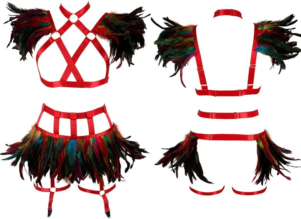 Full Body Harness for Women Feathers Epaulets Lingerie cage Set Gothic Punk Garter Belt Halloween Burning Man