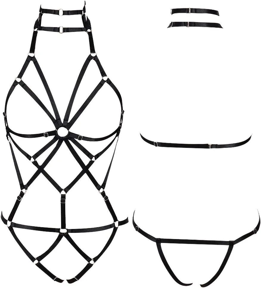 Full body harness for women Lingerie cage Festival Rave Chest strap Garter belt set Punk Goth Halloween Stretchy Fabric