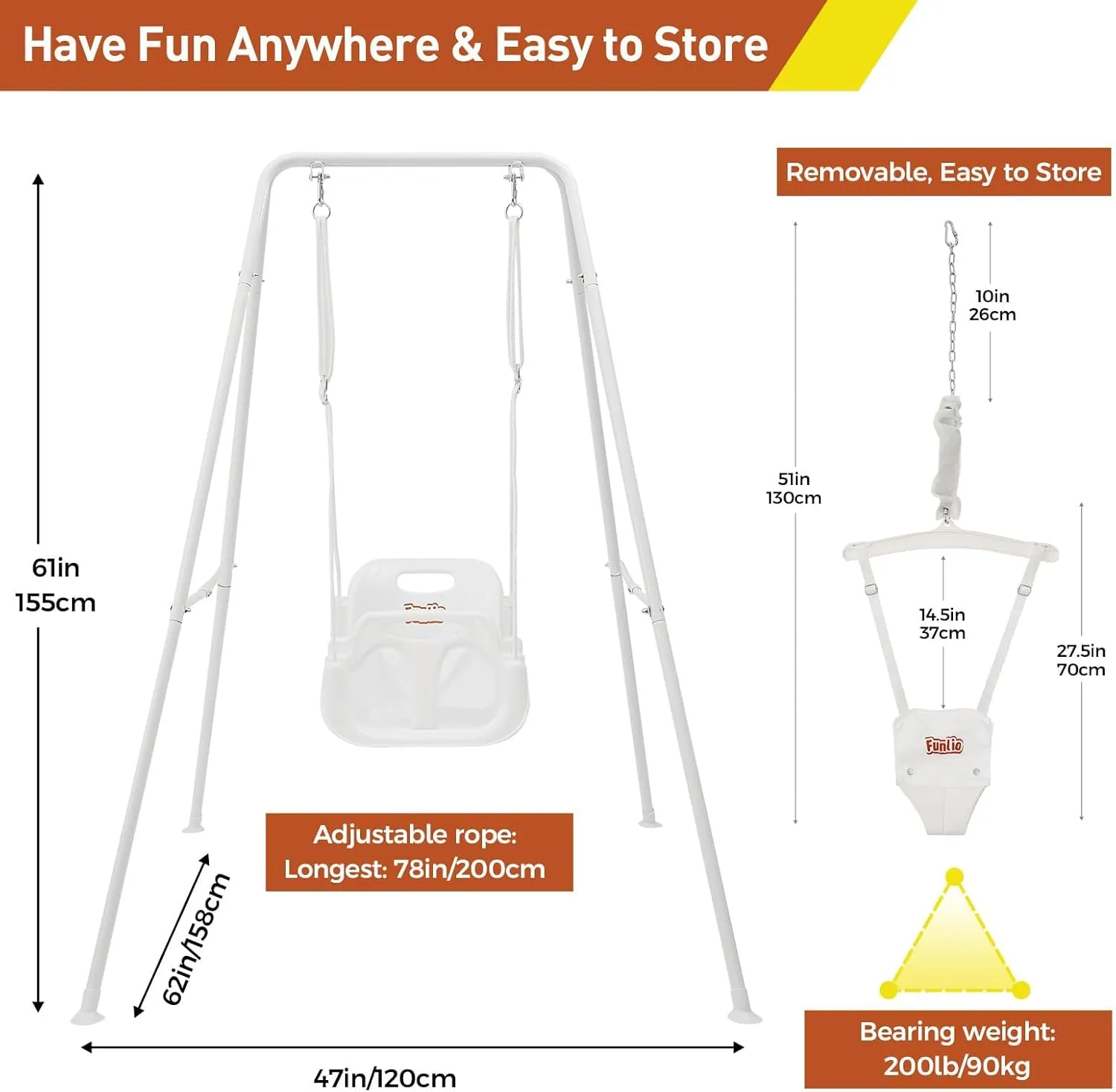 FUNLIO 2 in 1 Swing Set for Toddler & Baby Jumper, Heavy Duty Kids Swing & Bouncer with 4 Sandbags, Foldable Metal Stand for Indoor/Outdoor Play, Easy to Assemble and Store - White