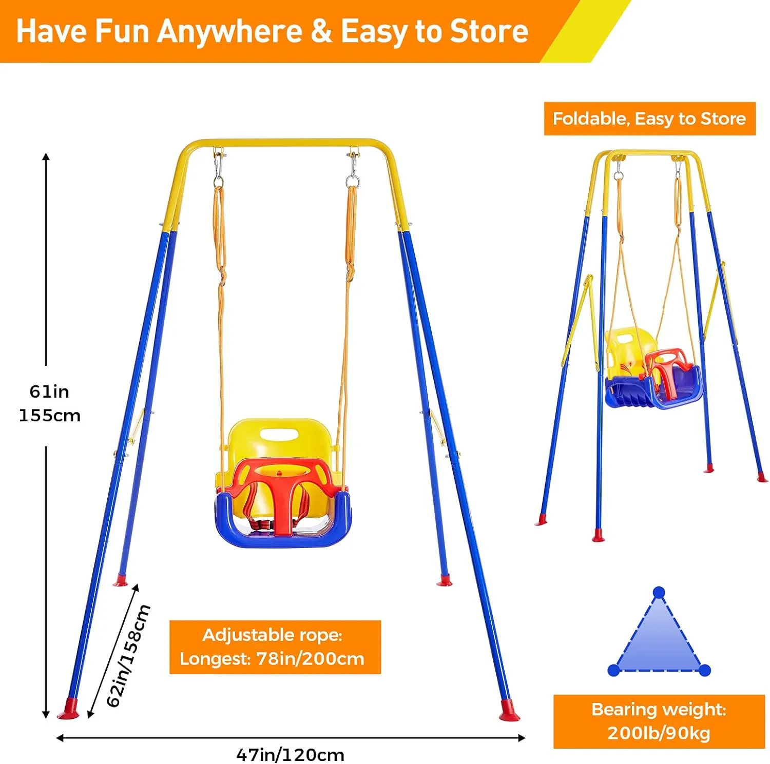 FUNLIO 3-in-1 Toddler Swing Set with 4 Sandbags, Indoor/Outdoor Baby Swing with Foldable Metal Stand, Kids Swing Set for Backyard, Clear Instructions, Easy to Assemble & Store