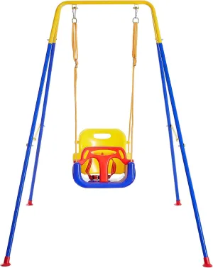 FUNLIO 3-in-1 Toddler Swing Set with 4 Sandbags, Indoor/Outdoor Baby Swing with Foldable Metal Stand, Kids Swing Set for Backyard, Clear Instructions, Easy to Assemble & Store