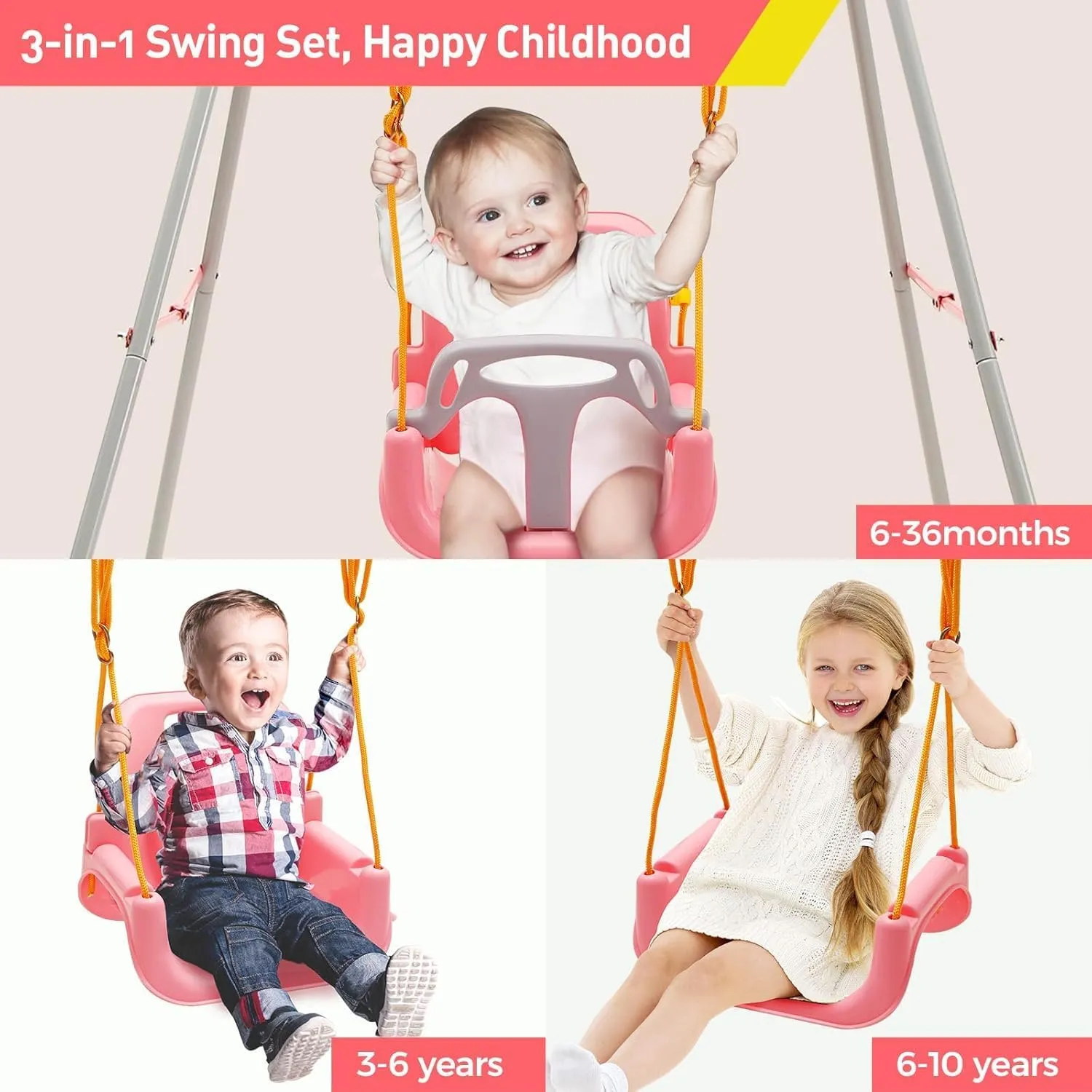 FUNLIO Toddler Swing with Foldable Metal Stand for Aged 1~10 Years, 3-in-1 Baby Swing Set with 4 Sandbags for Backyard, Kids Swing Set for Indoor/Outdoor Play, Easy to Assemble & Store, Pink