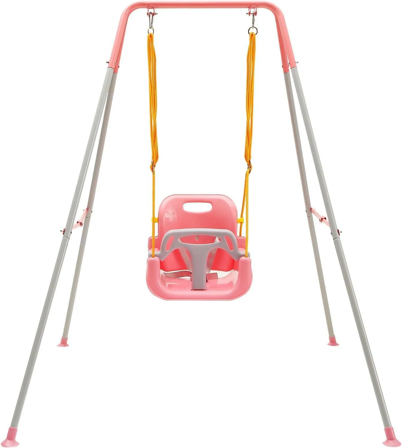 FUNLIO Toddler Swing with Foldable Metal Stand for Aged 1~10 Years, 3-in-1 Baby Swing Set with 4 Sandbags for Backyard, Kids Swing Set for Indoor/Outdoor Play, Easy to Assemble & Store, Pink