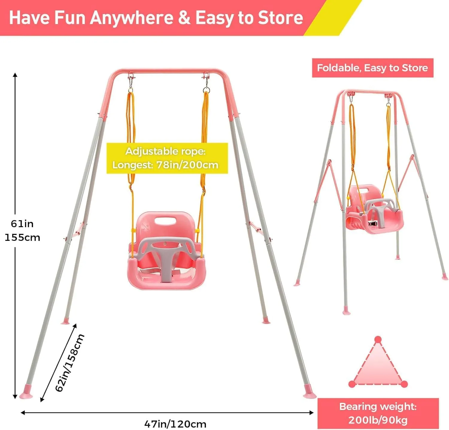 FUNLIO Toddler Swing with Foldable Metal Stand for Aged 1~10 Years, 3-in-1 Baby Swing Set with 4 Sandbags for Backyard, Kids Swing Set for Indoor/Outdoor Play, Easy to Assemble & Store, Pink