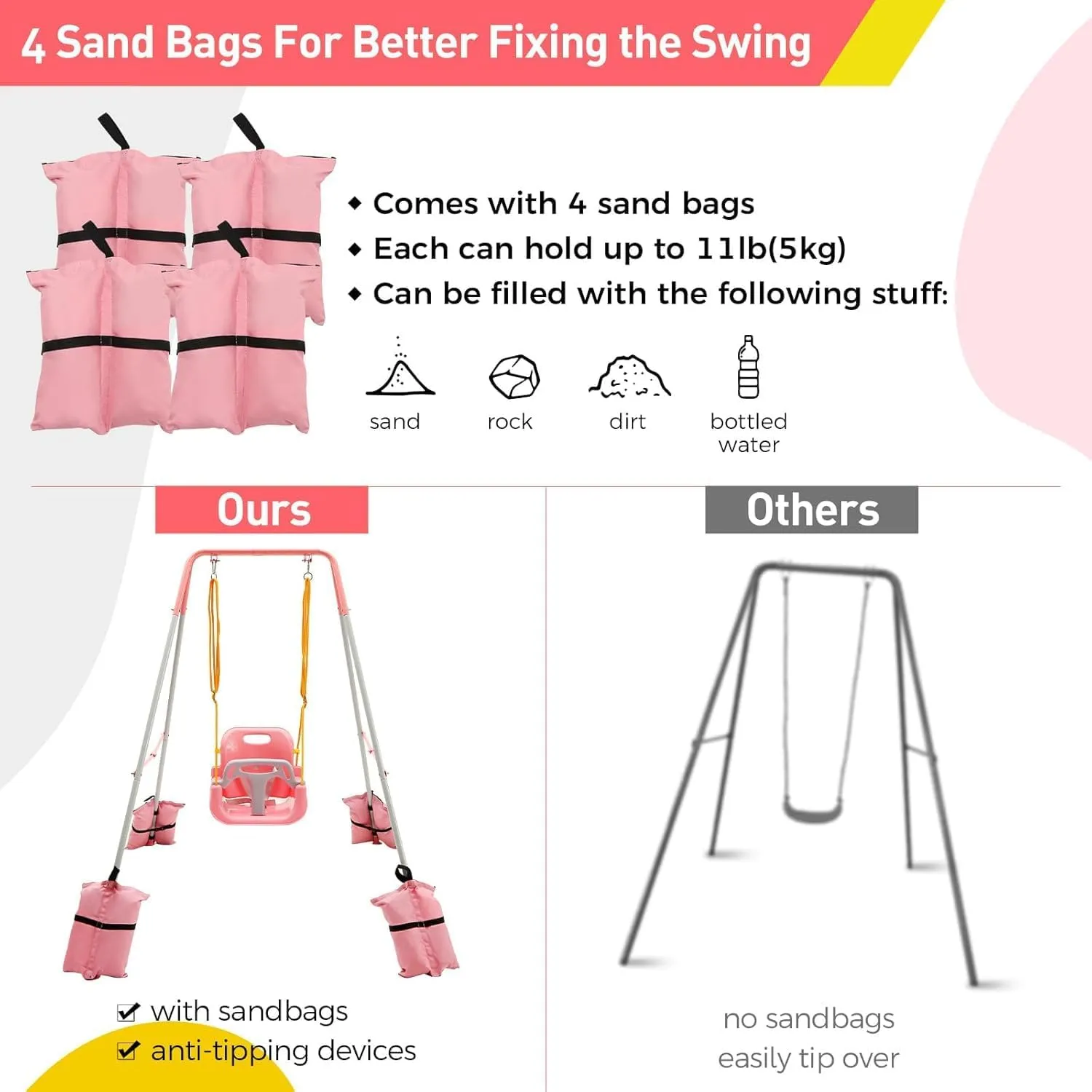 FUNLIO Toddler Swing with Foldable Metal Stand for Aged 1~10 Years, 3-in-1 Baby Swing Set with 4 Sandbags for Backyard, Kids Swing Set for Indoor/Outdoor Play, Easy to Assemble & Store, Pink