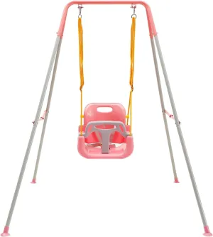 FUNLIO Toddler Swing with Foldable Metal Stand for Aged 1~10 Years, 3-in-1 Baby Swing Set with 4 Sandbags for Backyard, Kids Swing Set for Indoor/Outdoor Play, Easy to Assemble & Store, Pink