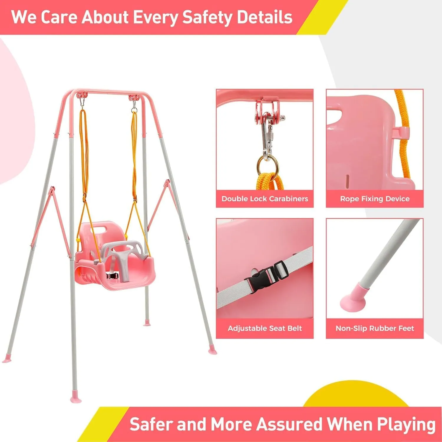 FUNLIO Toddler Swing with Foldable Metal Stand for Aged 1~10 Years, 3-in-1 Baby Swing Set with 4 Sandbags for Backyard, Kids Swing Set for Indoor/Outdoor Play, Easy to Assemble & Store, Pink