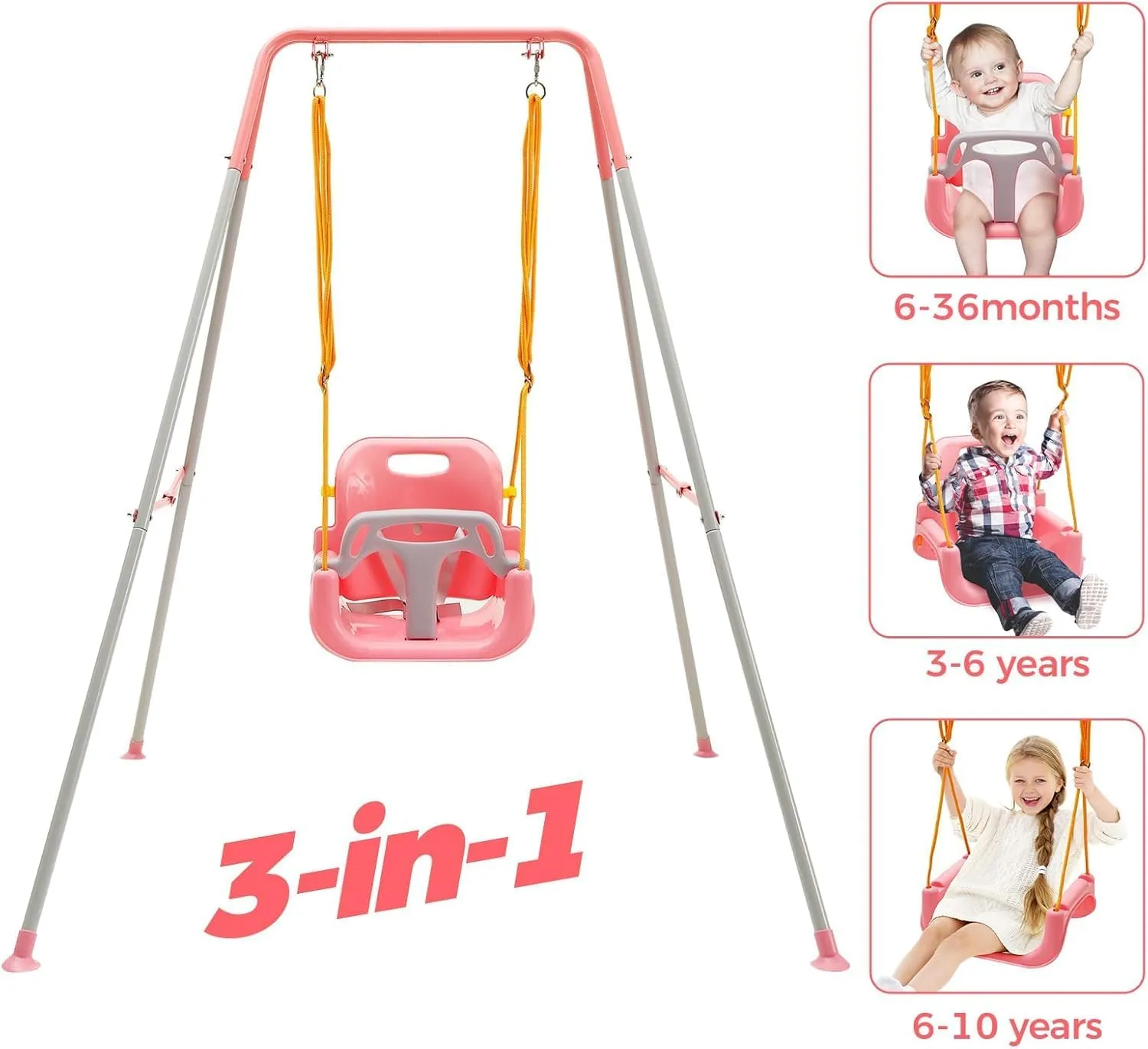 FUNLIO Toddler Swing with Foldable Metal Stand for Aged 1~10 Years, 3-in-1 Baby Swing Set with 4 Sandbags for Backyard, Kids Swing Set for Indoor/Outdoor Play, Easy to Assemble & Store, Pink