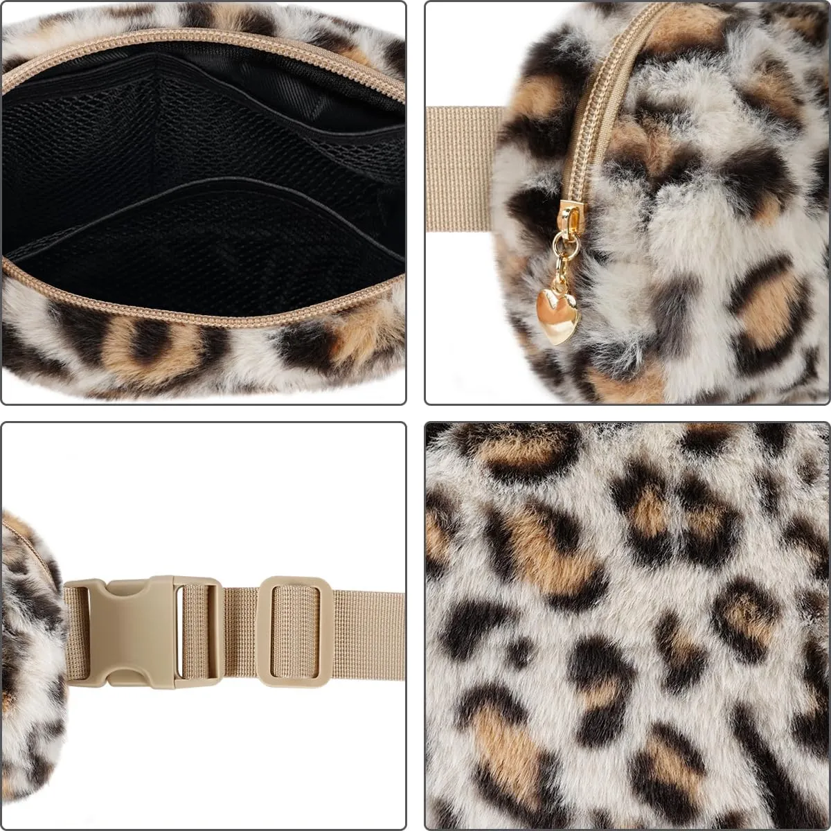 Fuzzy Belt Bag Waist Fanny Pack for Girls Cute Lovely Leopard Waist Packs Crossbody Bags for Women Trendy Teen Girl Kids Daughter Sister Her Preppy Girly Stuff Fuzzy Plush Waist Pack Bag, Cream