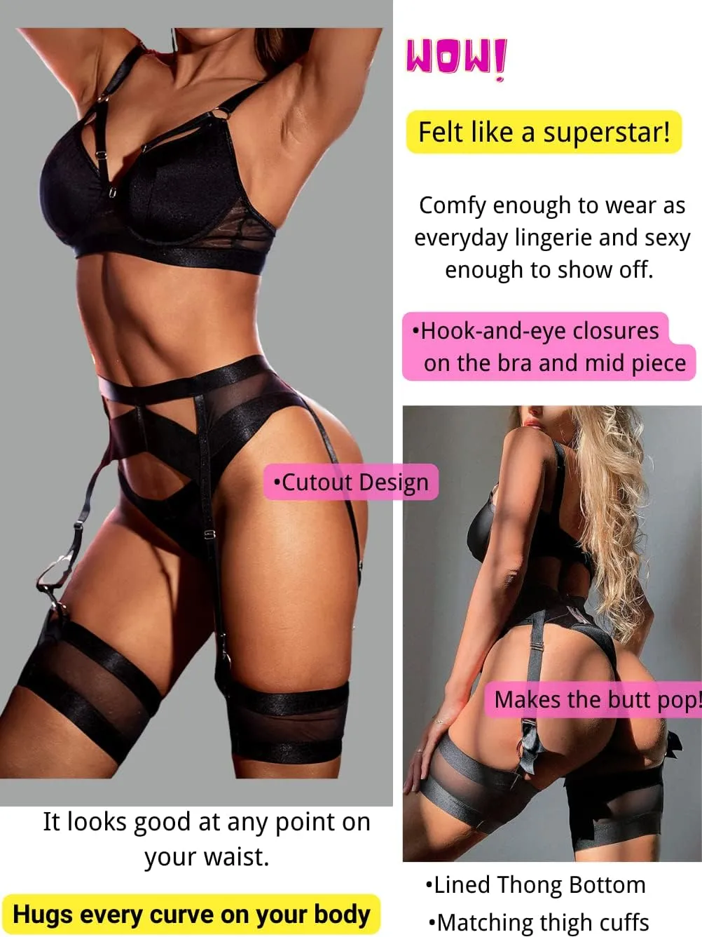 Garter Lingerie for Women,Sexy Lace Lingerie,Sheer Matching 4 Piece Lingerie Set