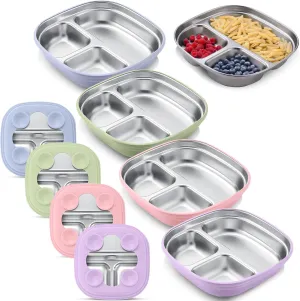 Geiserailie 4 Packs Stainless Steel Kids Plates with Silicone Sleeve Divided Suction Plates for Kids Toddler Tableware Divided Tray for Children Dishwasher Safe Feeding Supplies(Macaron Colors)