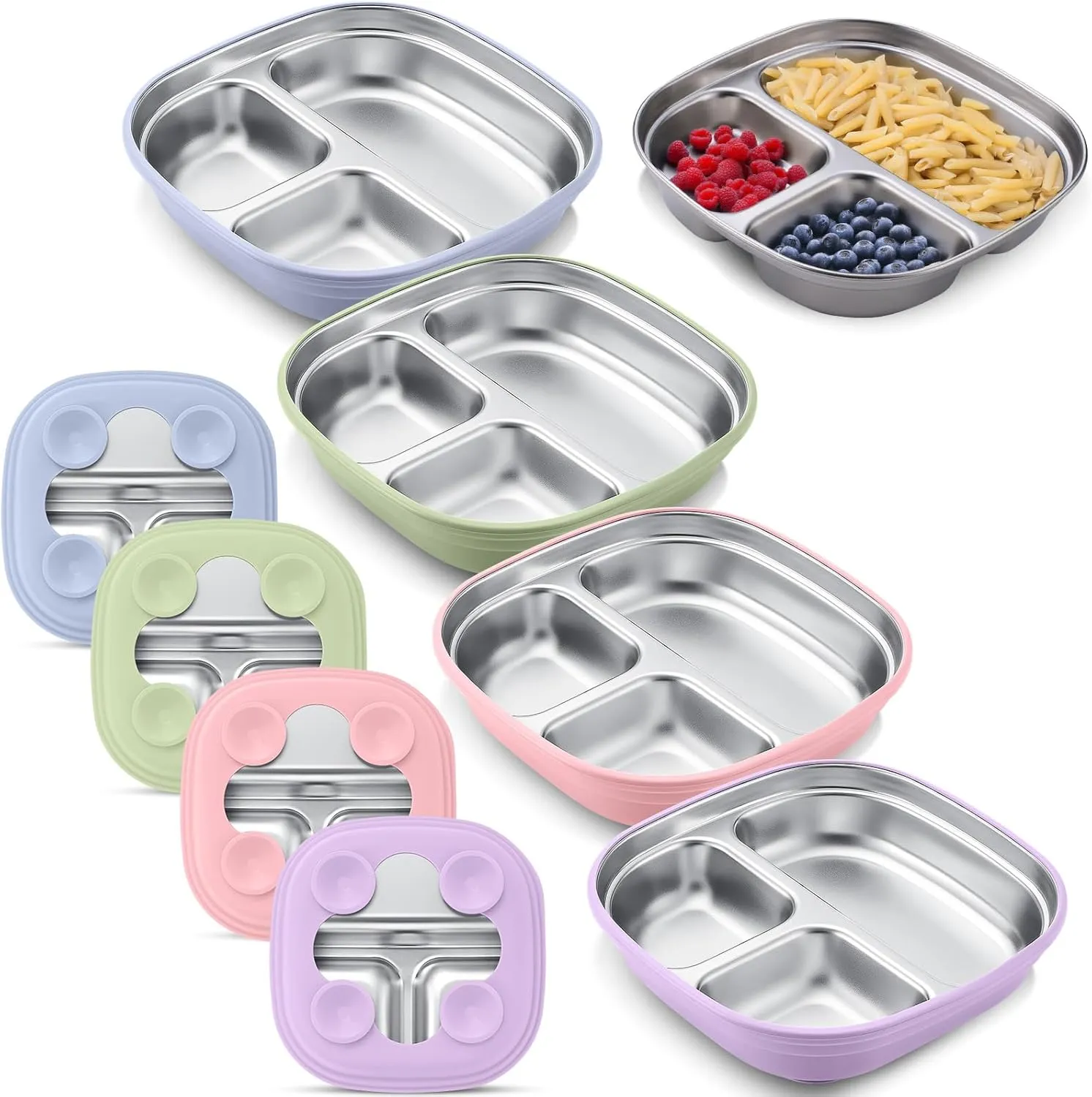 Geiserailie 4 Packs Stainless Steel Kids Plates with Silicone Sleeve Divided Suction Plates for Kids Toddler Tableware Divided Tray for Children Dishwasher Safe Feeding Supplies(Macaron Colors)