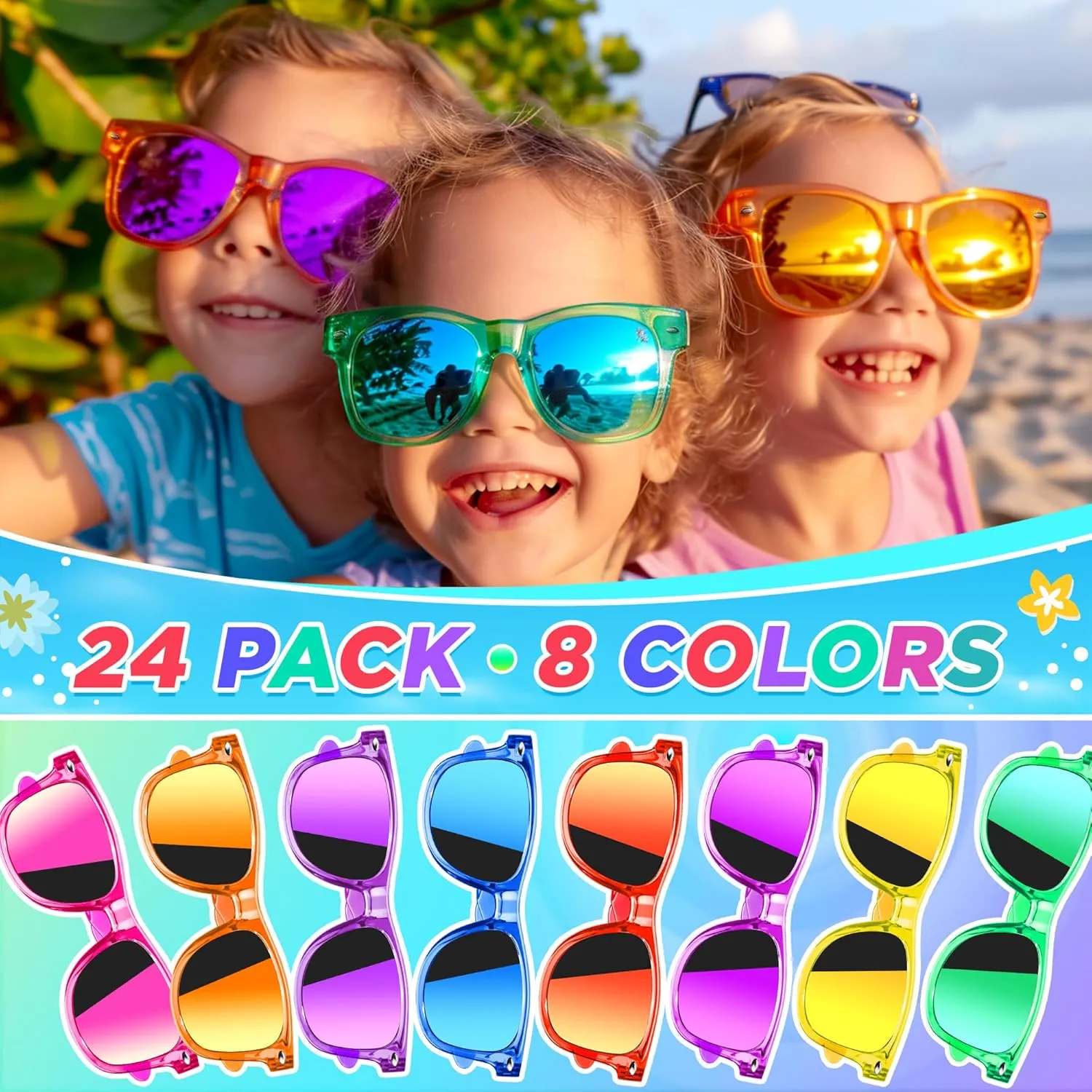 GIFTINBOX Kids Sunglasses Bulk Party Favors , 24Pack Translucent Kids Sunglasses For Boys Girls Age 3-8, Great Gifts for kids, Birthday Party ,Beach, Pool Party Favor