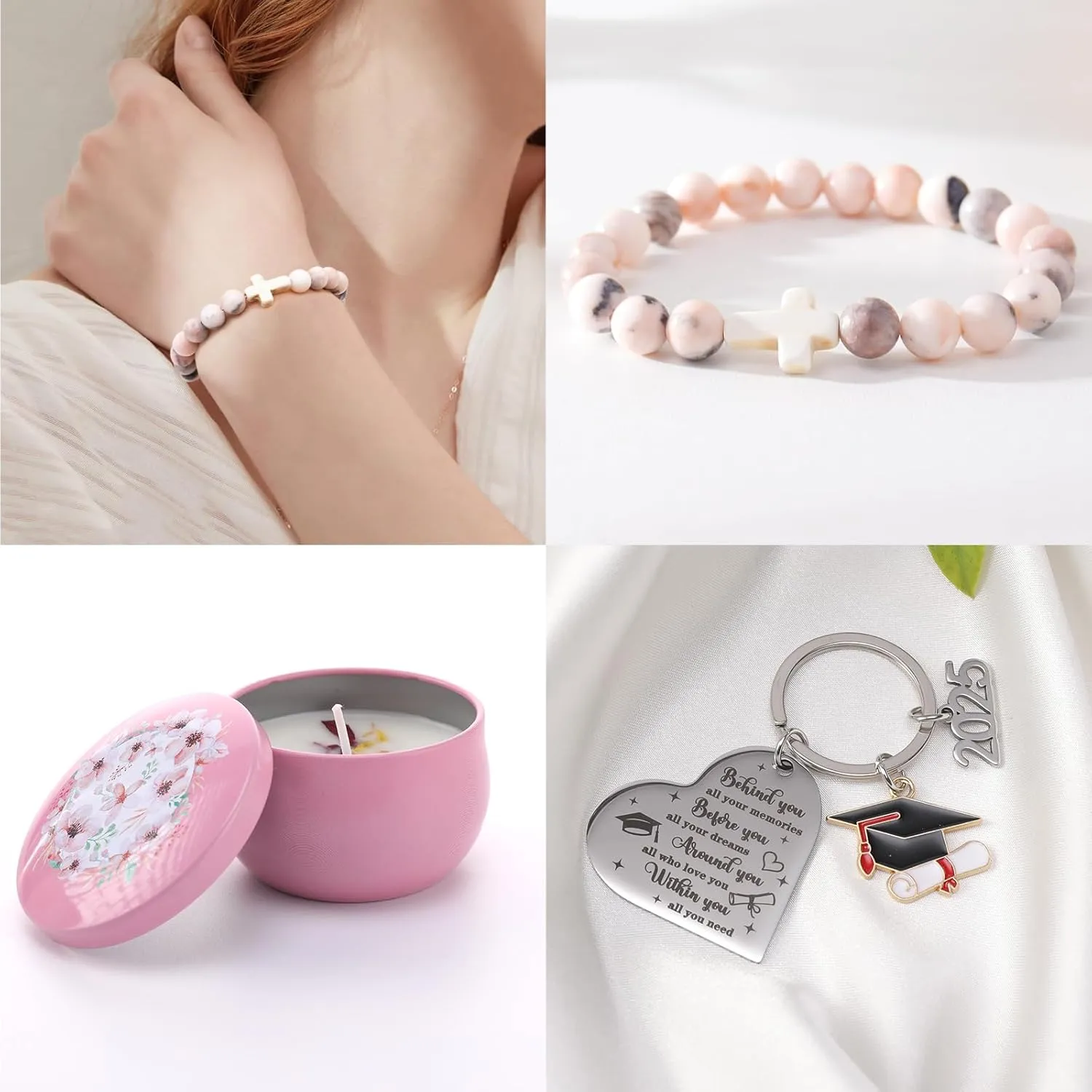 Girls 2025 Graduation Gift - Set of 6 College School Congratulation Graduates Pink Gifts Box Card Makeup Bags Bookmark Scented Candle Bracelet Keychain Present for Her Girl Daughter Students