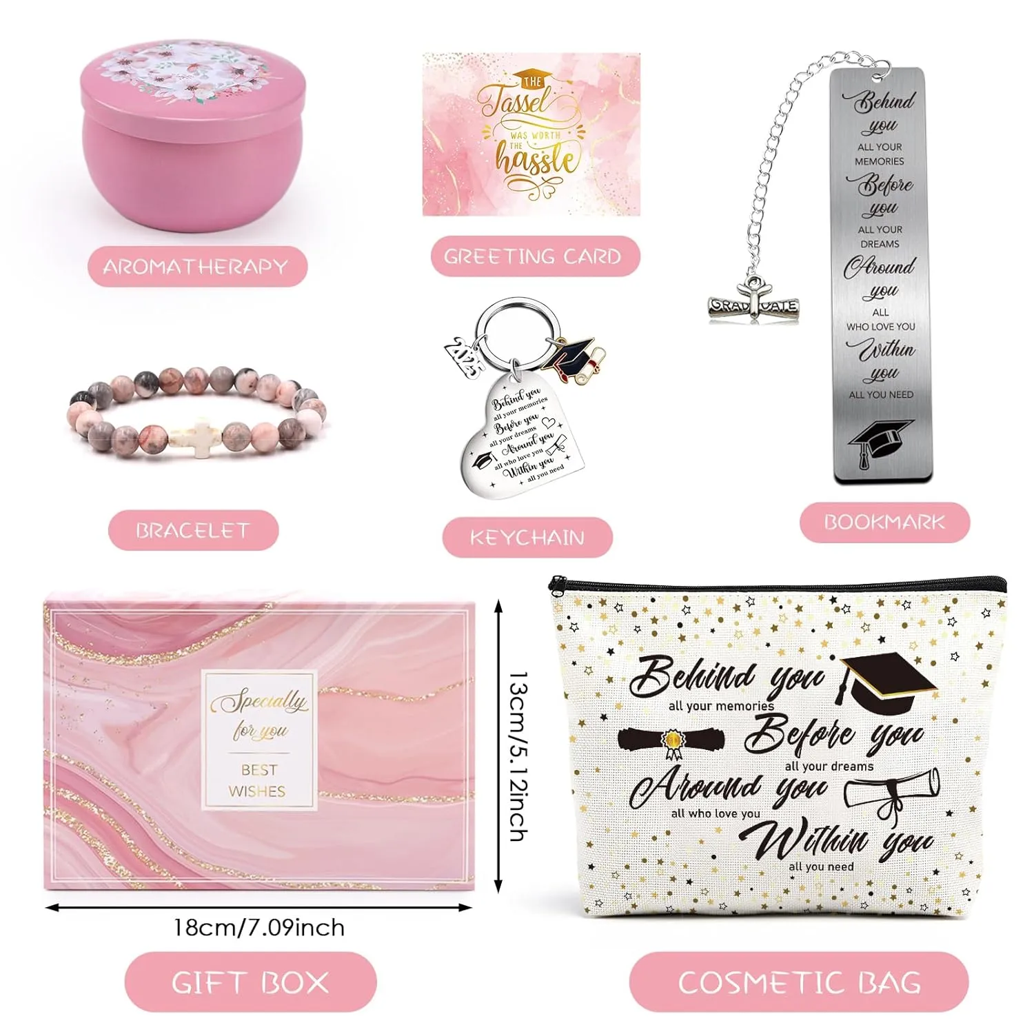 Girls 2025 Graduation Gift - Set of 6 College School Congratulation Graduates Pink Gifts Box Card Makeup Bags Bookmark Scented Candle Bracelet Keychain Present for Her Girl Daughter Students