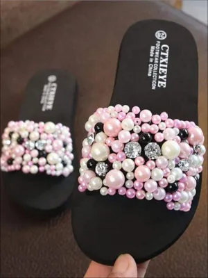 Girls Sparkling Pearl and Rhinestone Embellished Flip Flops By Liv and Mia