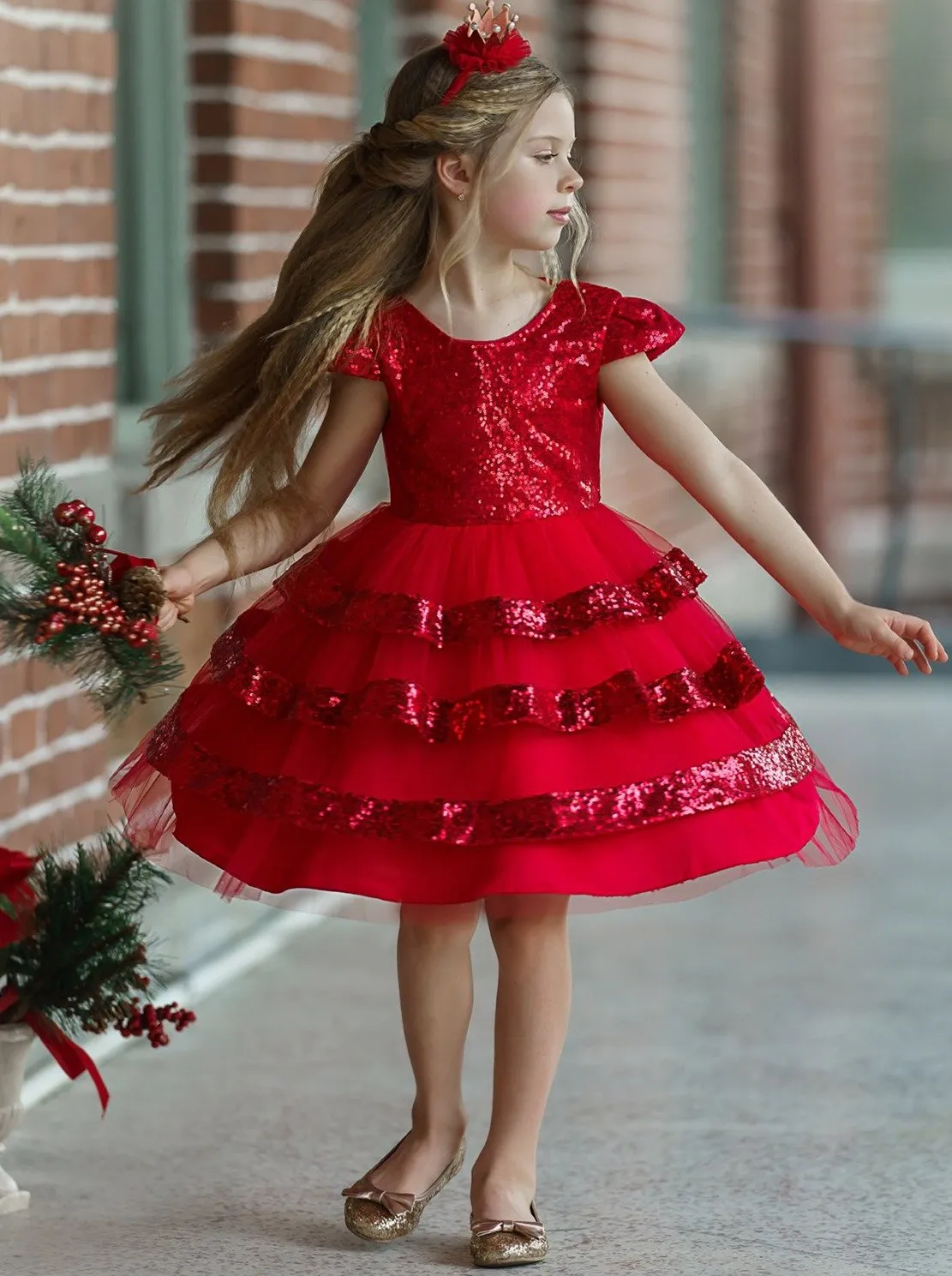 Girls Tiered Ruffle Sequined Holiday Dress