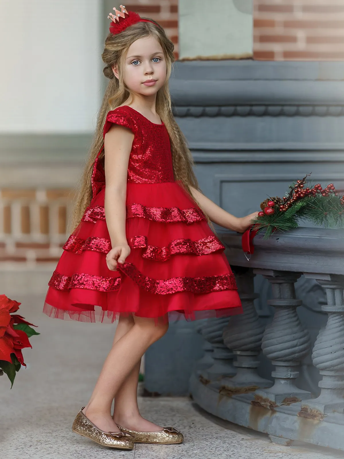 Girls Tiered Ruffle Sequined Holiday Dress