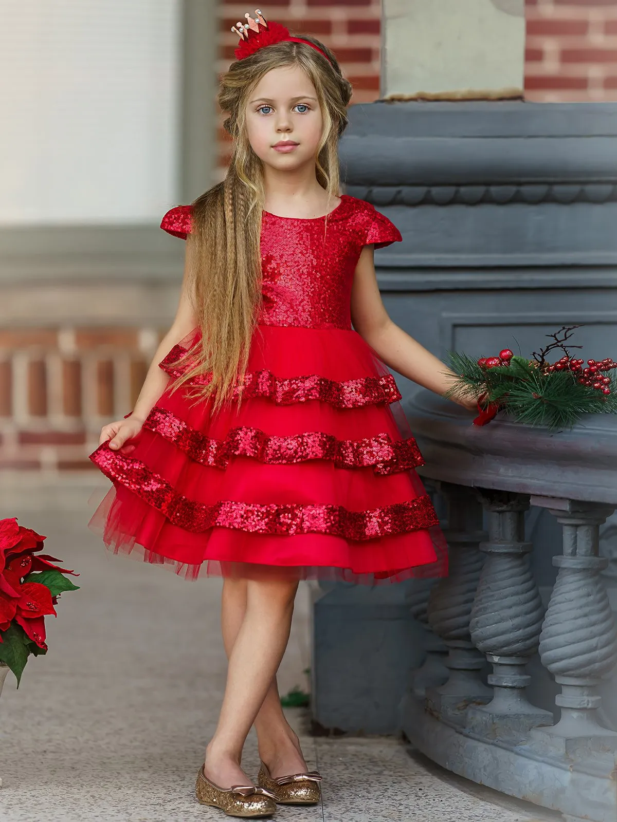Girls Tiered Ruffle Sequined Holiday Dress