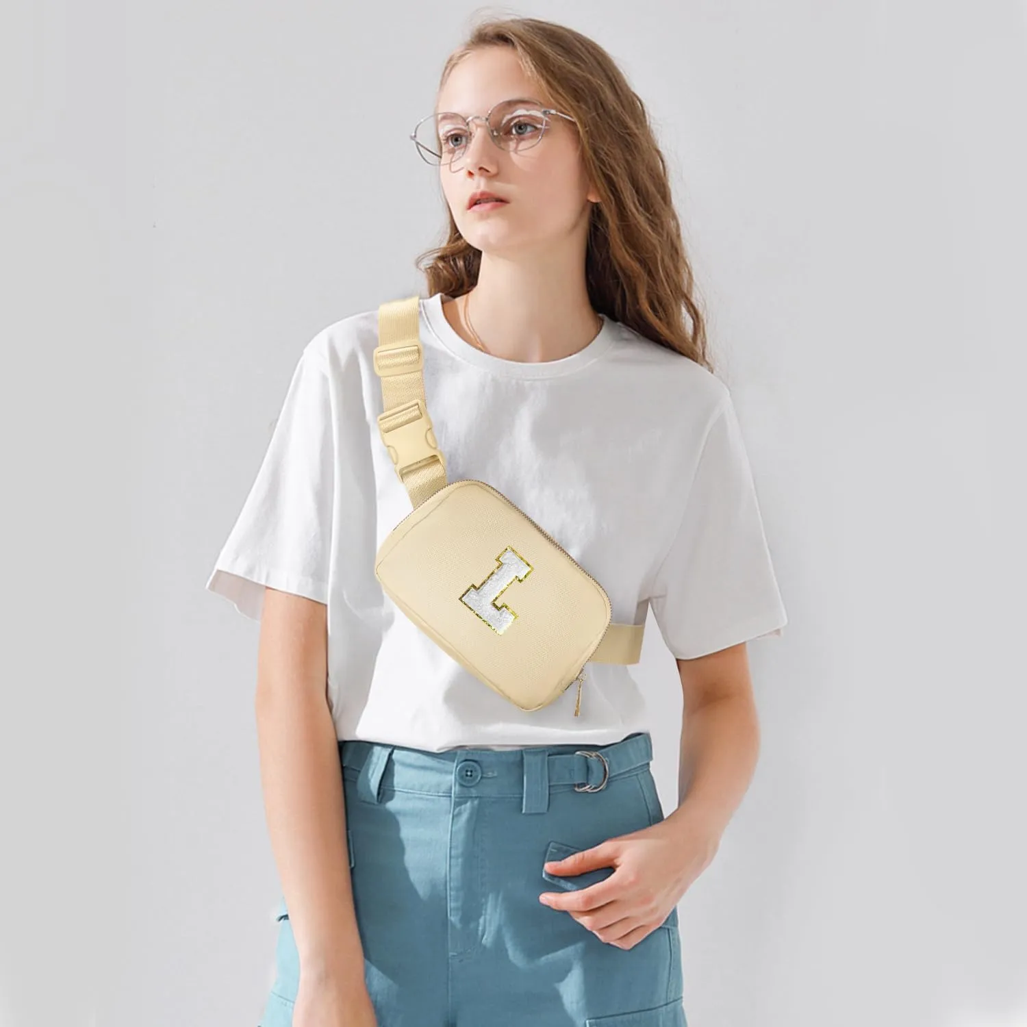 Gitus Birthday Gifts for 8 9 10 11 12 13 Year Old Girls Personalized Fanny Pack Crossbody Bags with Initial Letter Patch Belt Bag for Teen Girls Cute Trendy Stuff Travel Essentials (Beige-L)