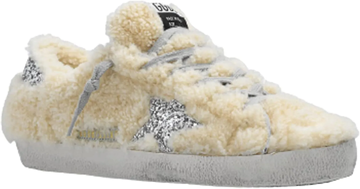 Golden Goose Super-Star Shearling Upper Glitter Star and Heel Womens Distressed Sneakers