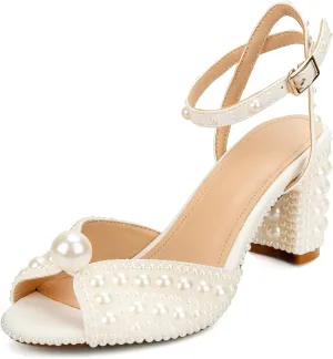 Goolita Pearl Heels For Women Mid Block Ankle Strap Heeled Sandals Round Open Toe Party Evening Bridal Shoes For Wedding