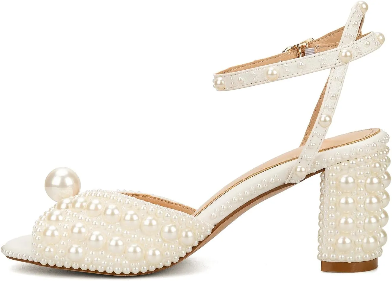 Goolita Pearl Heels For Women Mid Block Ankle Strap Heeled Sandals Round Open Toe Party Evening Bridal Shoes For Wedding