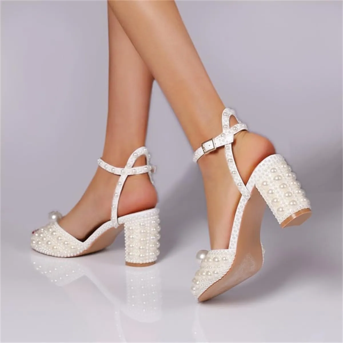 Goolita Pearl Heels For Women Mid Block Ankle Strap Heeled Sandals Round Open Toe Party Evening Bridal Shoes For Wedding