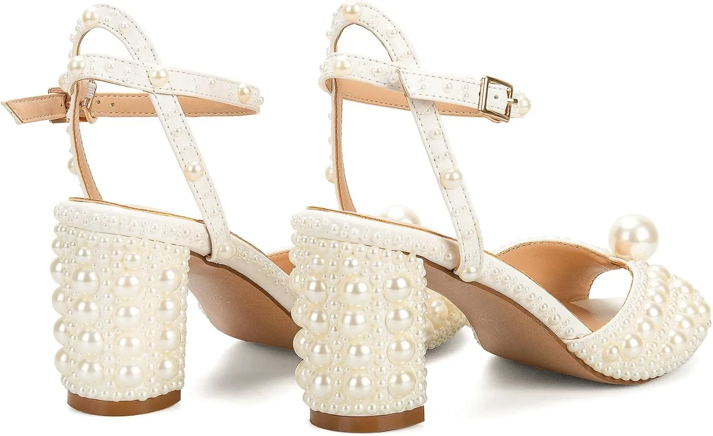 Goolita Pearl Heels For Women Mid Block Ankle Strap Heeled Sandals Round Open Toe Party Evening Bridal Shoes For Wedding