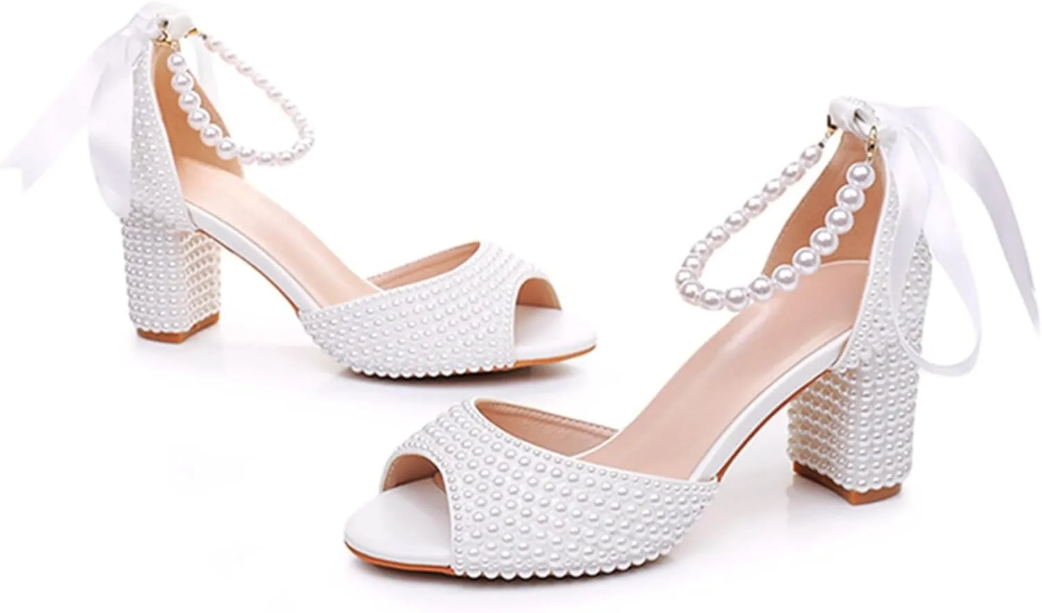 Goolita Pearl Heels For Women Mid Block Ankle Strap Heeled Sandals Round Open Toe Party Evening Bridal Shoes For Wedding