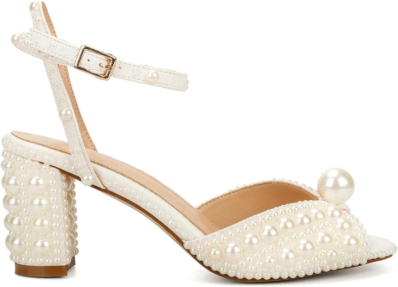 Goolita Pearl Heels For Women Mid Block Ankle Strap Heeled Sandals Round Open Toe Party Evening Bridal Shoes For Wedding