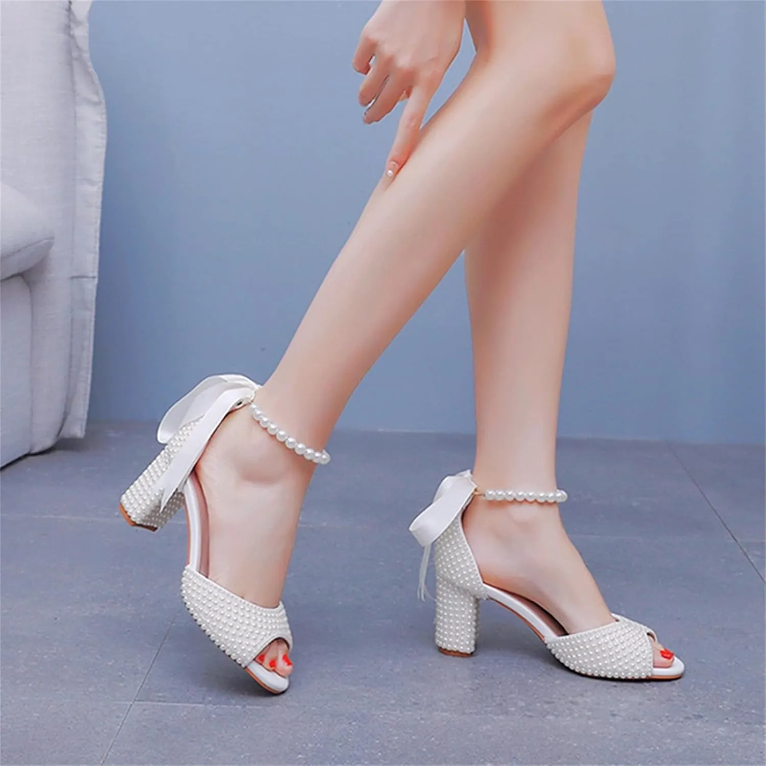 Goolita Pearl Heels For Women Mid Block Ankle Strap Heeled Sandals Round Open Toe Party Evening Bridal Shoes For Wedding